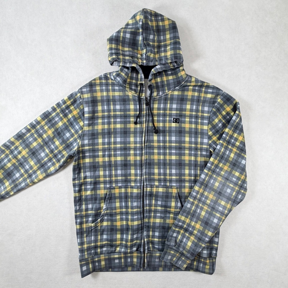 DC Shoes Mens XL Plaid Full Zip Hoodie Gray Yellow Skater Fleece Sweatshirt